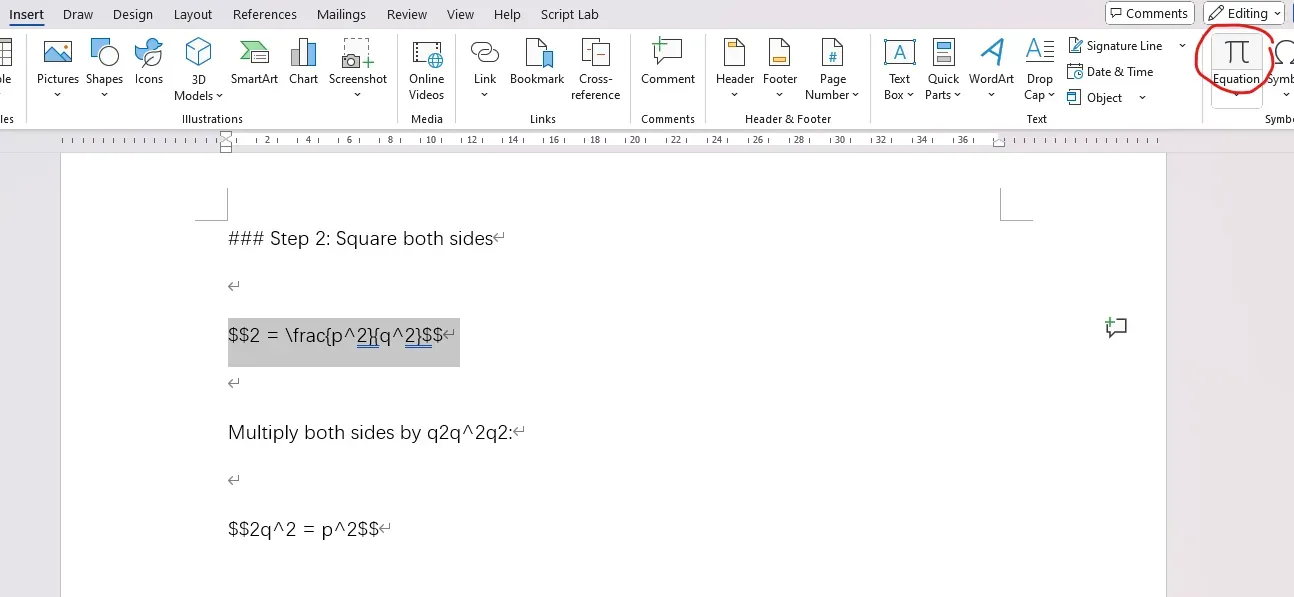 Select formula and insert as equation in Word