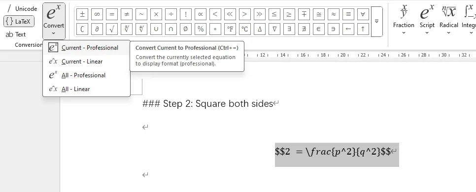 Convert LaTeX formulas in Word math editor