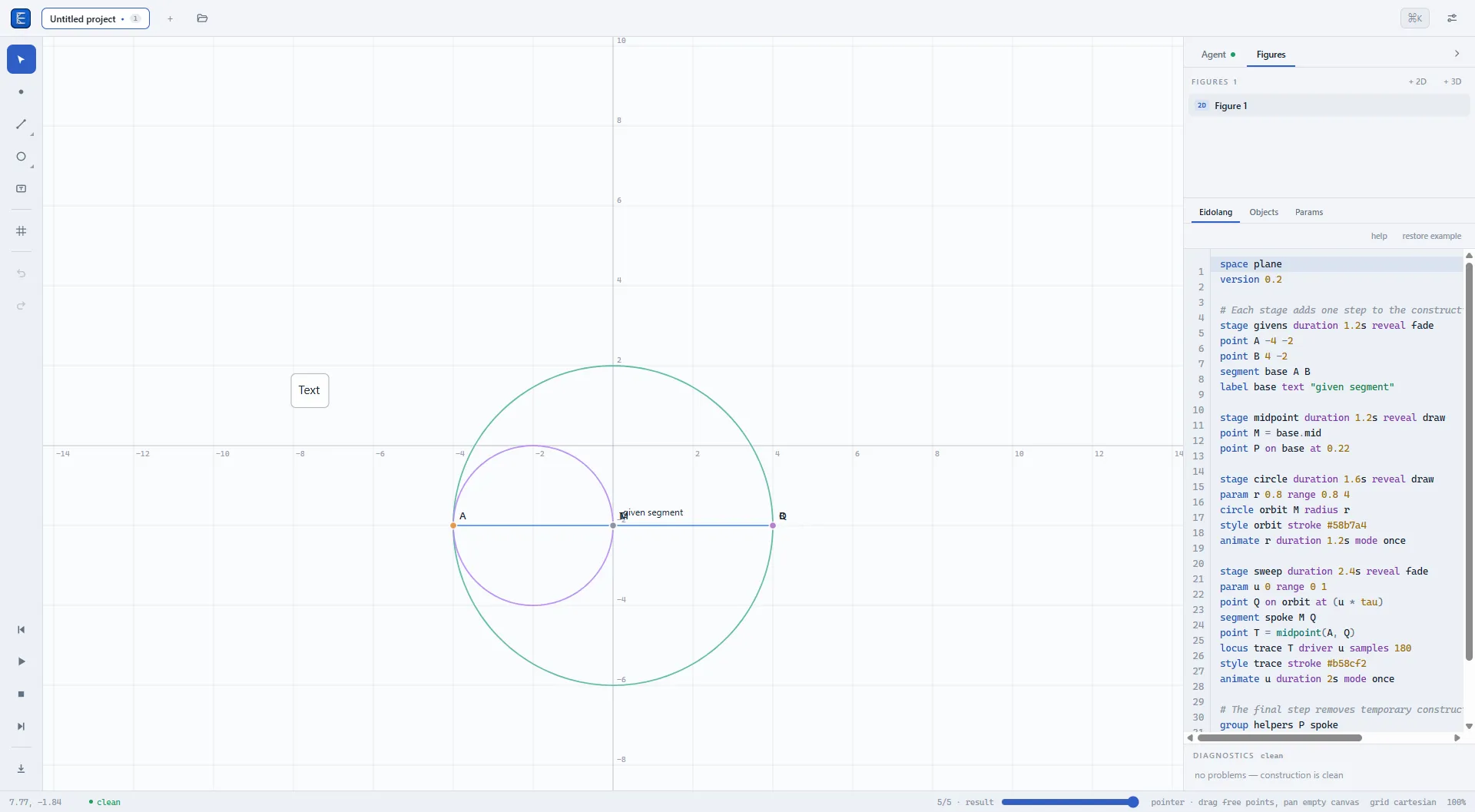 El espacio de trabajo de Eidograph con una construcción geométrica y su código Eidolang sincronizado