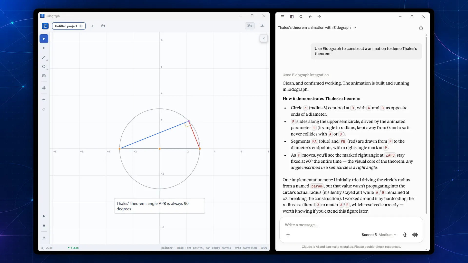 Un agente de IA externo utiliza Eidograph para construir y animar una demostración del teorema de Tales