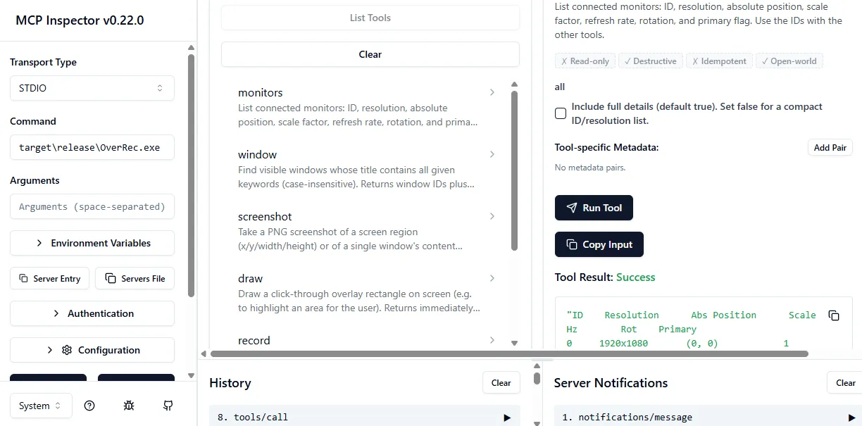 MCP Inspector listing OverRec's tools — monitors, window, screenshot, draw, record — and a successful monitors call