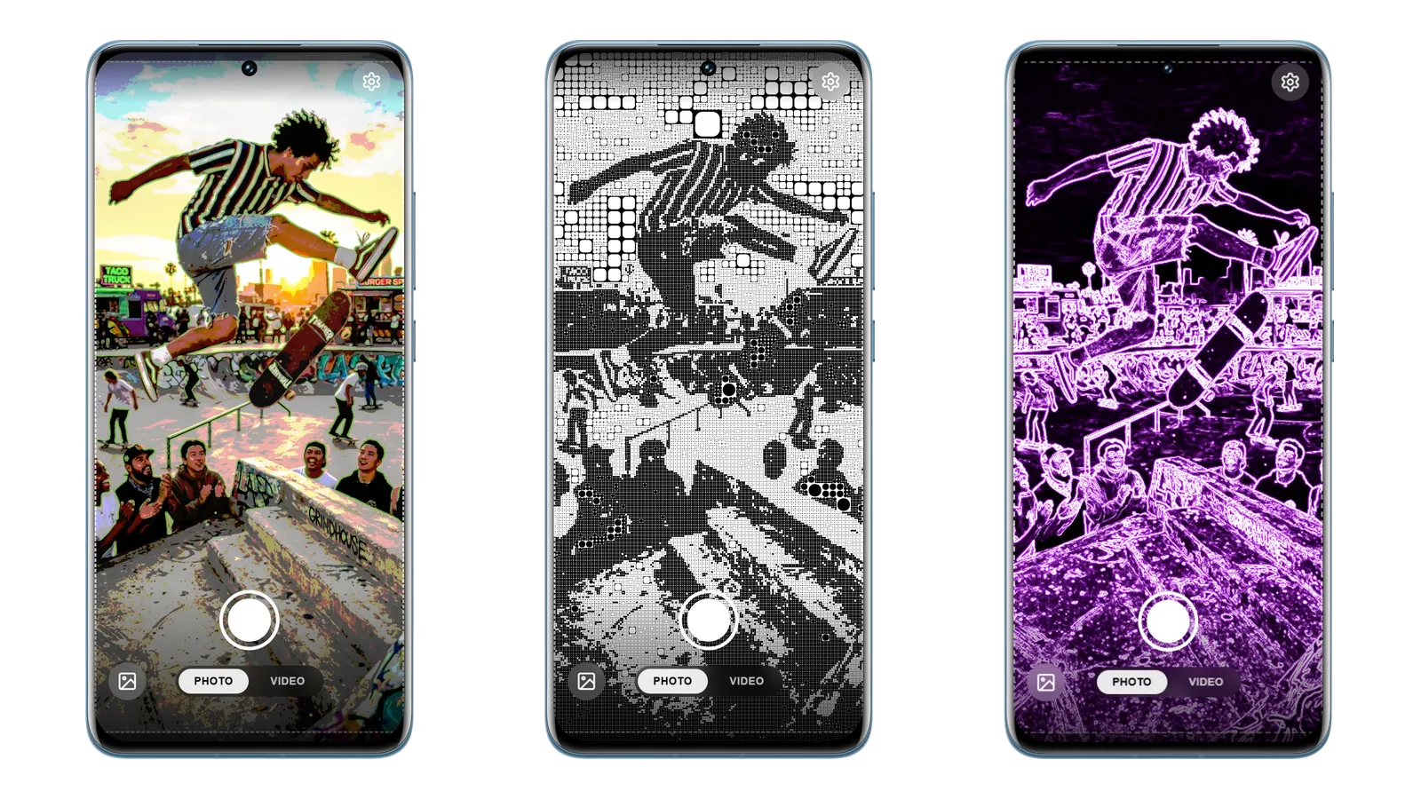 滑板场景的半色调与霓虹光晕