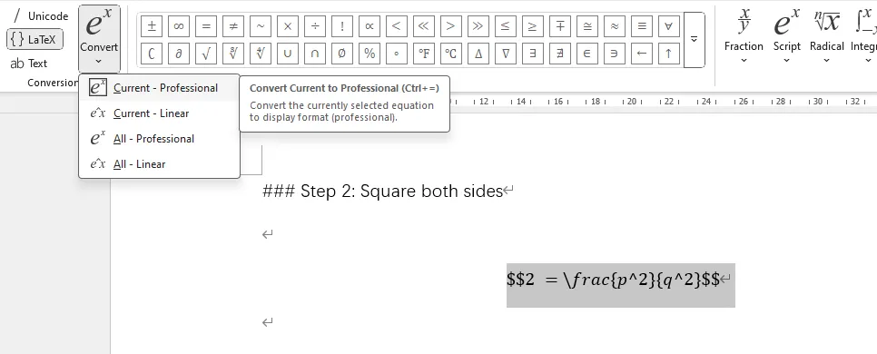 Convert LaTeX formulas in Word math editor