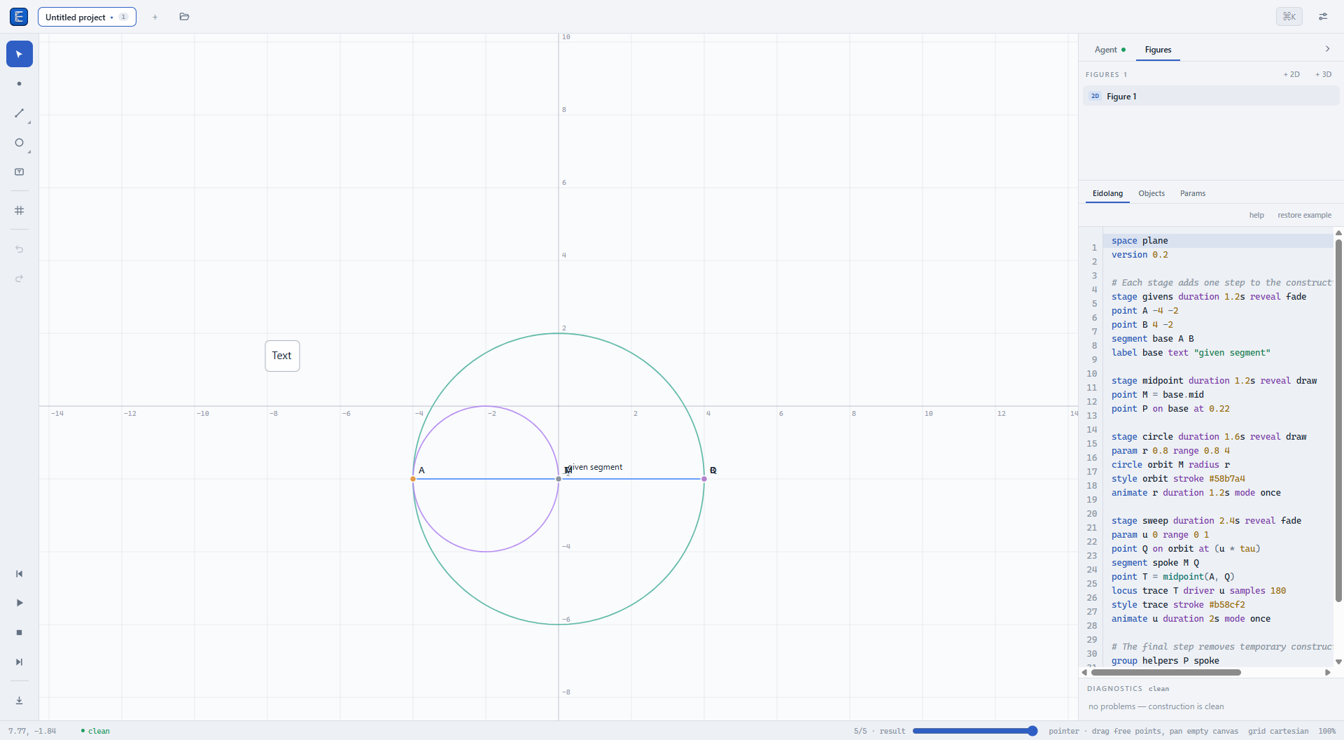 Eidograph workspace showing the canvas, toolbar, figure list, and Eidolang editor